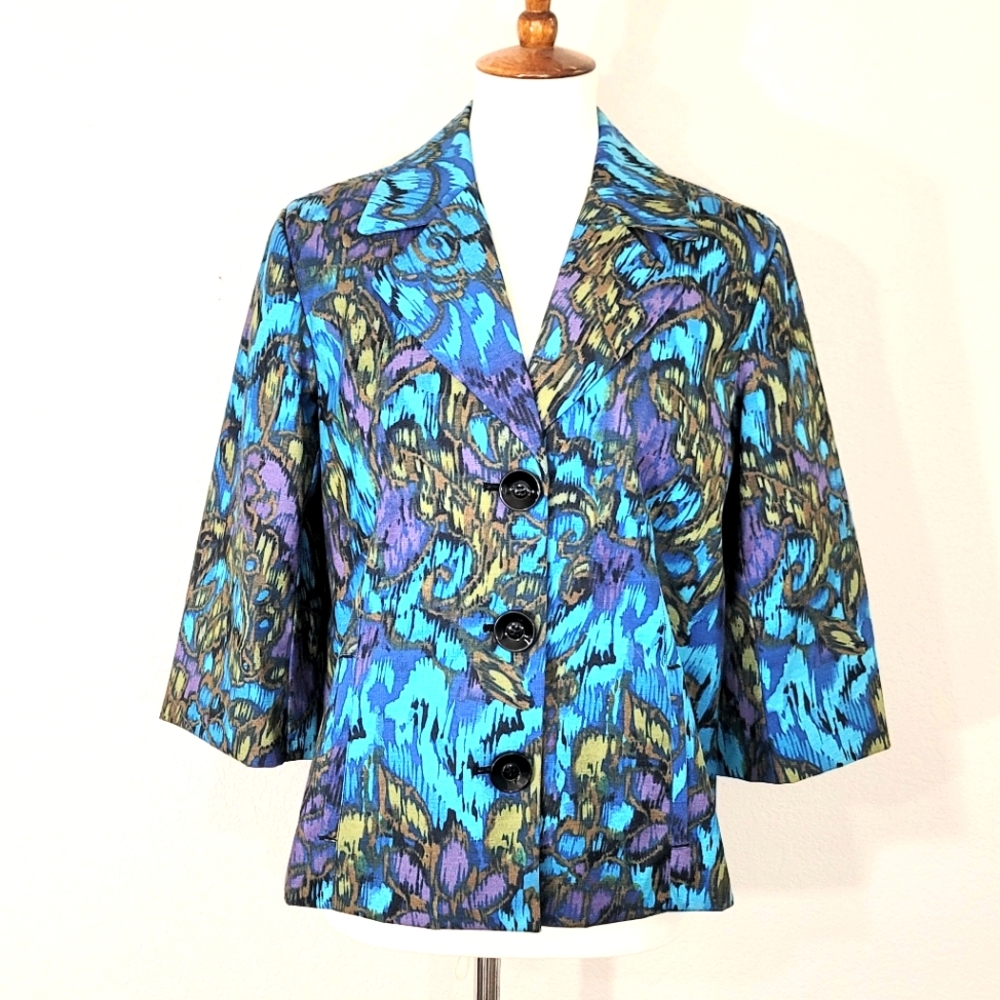 Chico's Regal Vines Floral Blue Black 3/4 Sleeves Paisley 3 Button Jacket Blazer